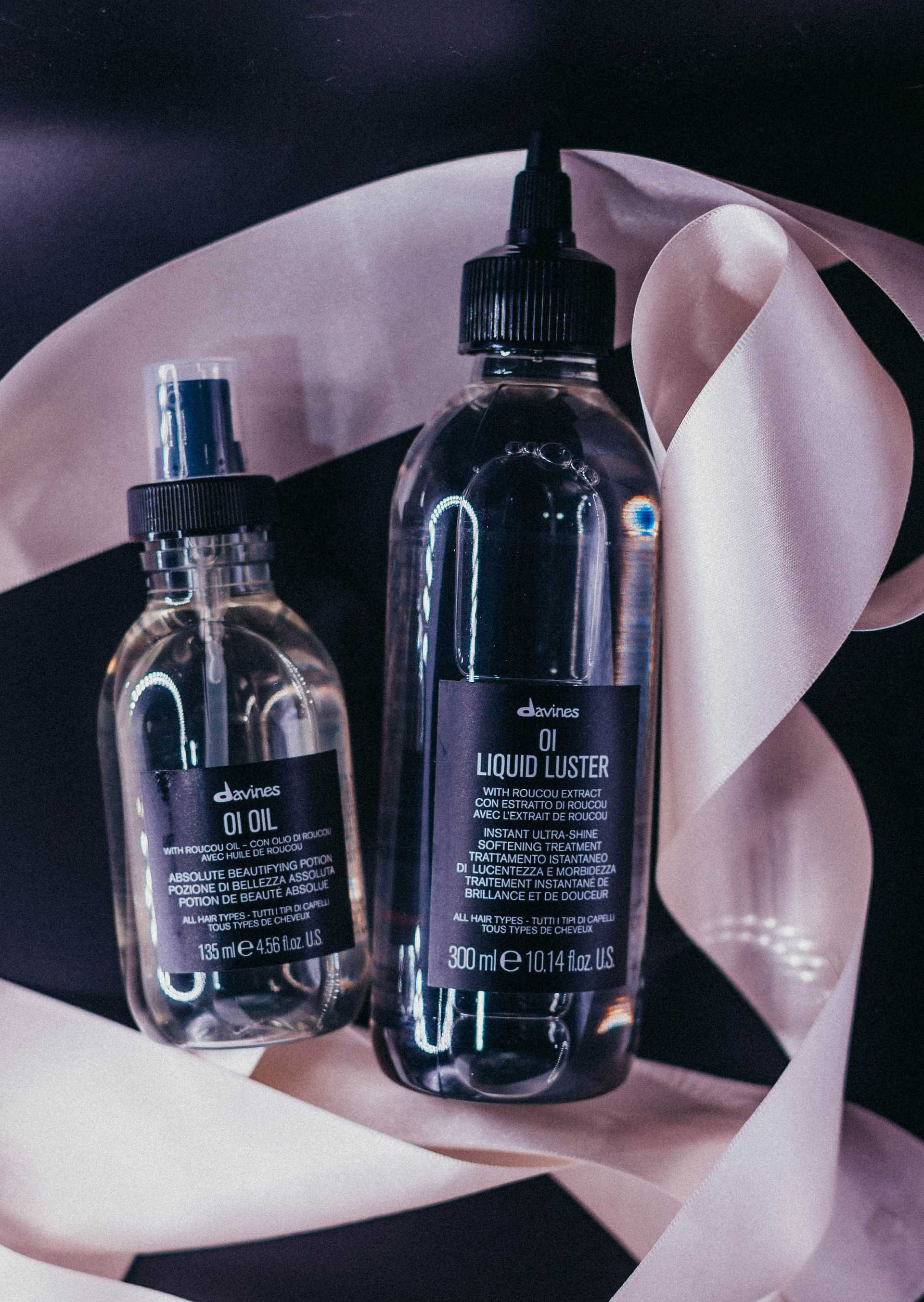 Davines hair care products with elegant ribbon display.