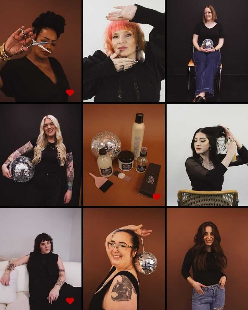 Collage of diverse women posing with disco balls and beauty products in a studio setting.