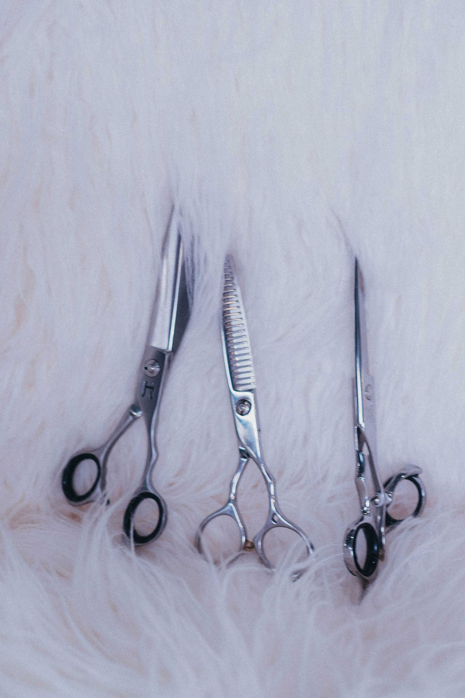 Three silver hairdressing scissors on white fur background.